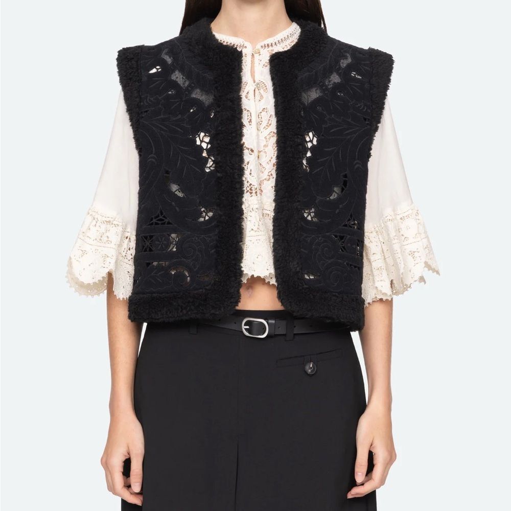 SEA New York Black Lace Vest with Shearling Trim